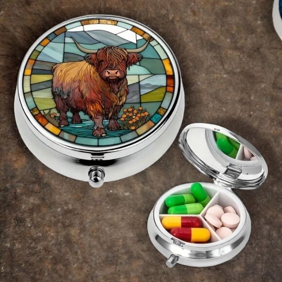 Highland Cow Pill Box Medicine Mini Stainless Steel Case Mirrored Travel Rustic - Picture 8 of 8